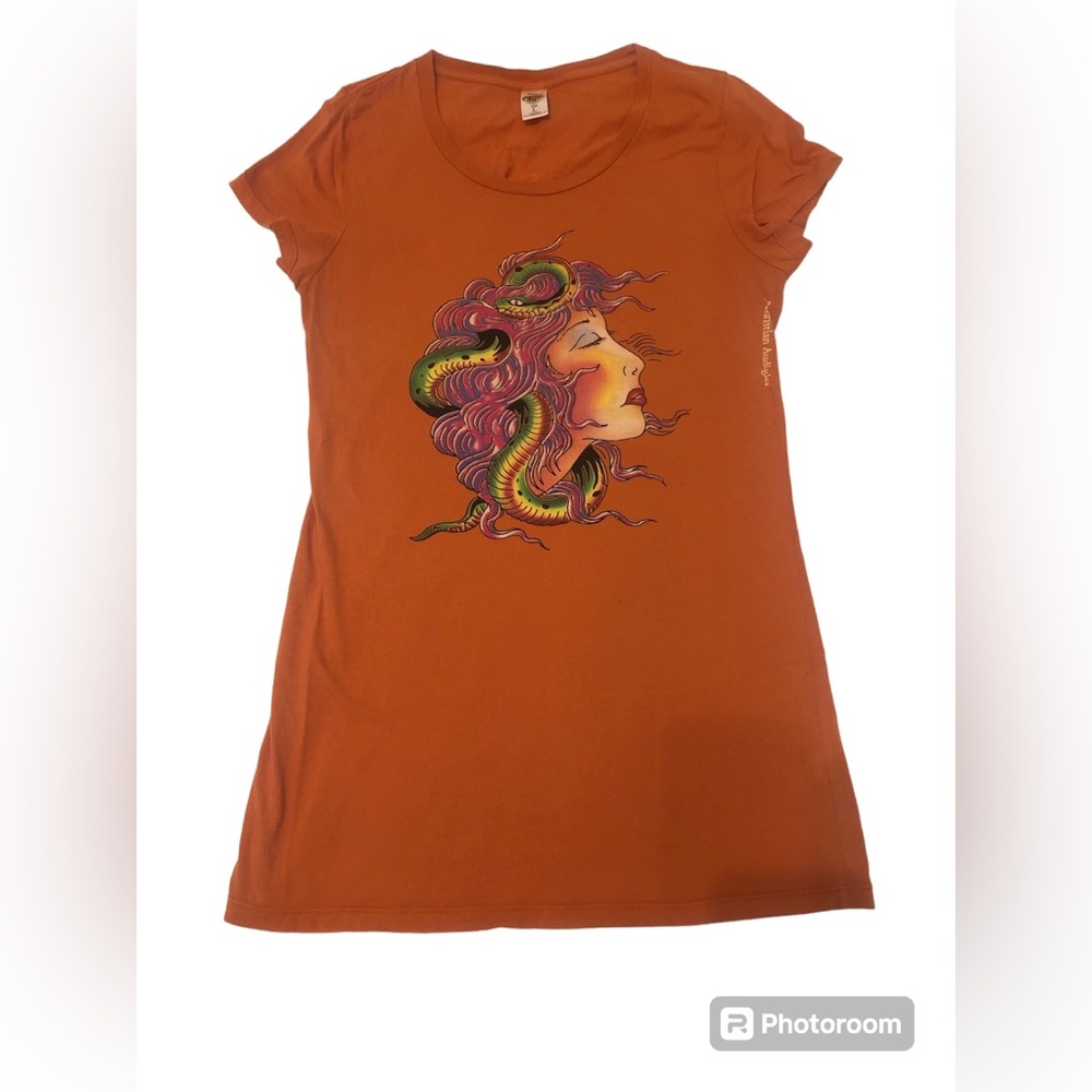 Women’s Ed Hardy Orange and Purple Medusa,  Long Tee, short sleeve, Y2K, Large